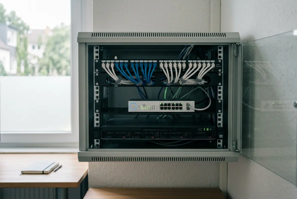 A tidy wall-mounted network cabinet with neatly labelled cables, a network switch and a small server